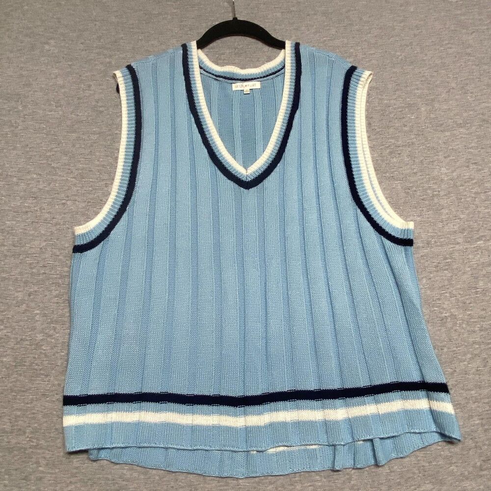 Ultra Flirt Sweater Vest Womens 3X Blue Striped V Neck Preppy Knit Sleeveless